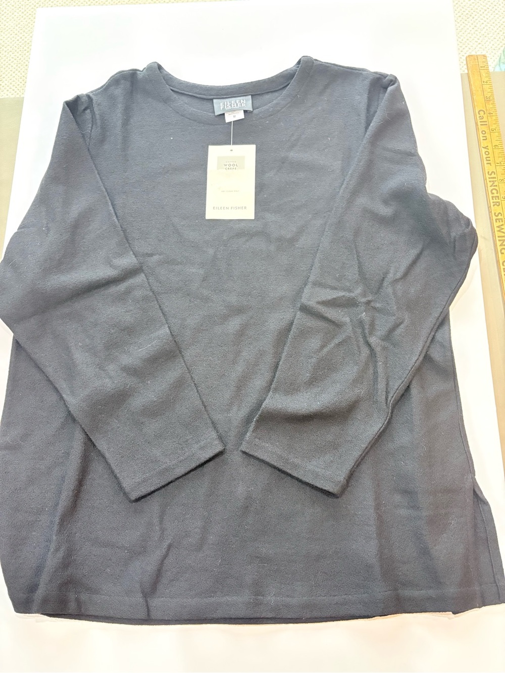 Eileen Fisher Black Wool Crepe Long Sleeve Top